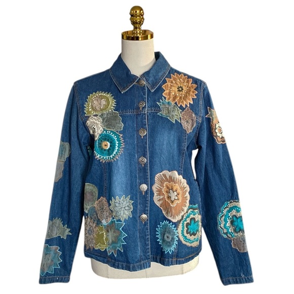 Vintage West End Floral Applique Embroidered Western Blue Denim Women’s Jacket - Picture 1 of 5